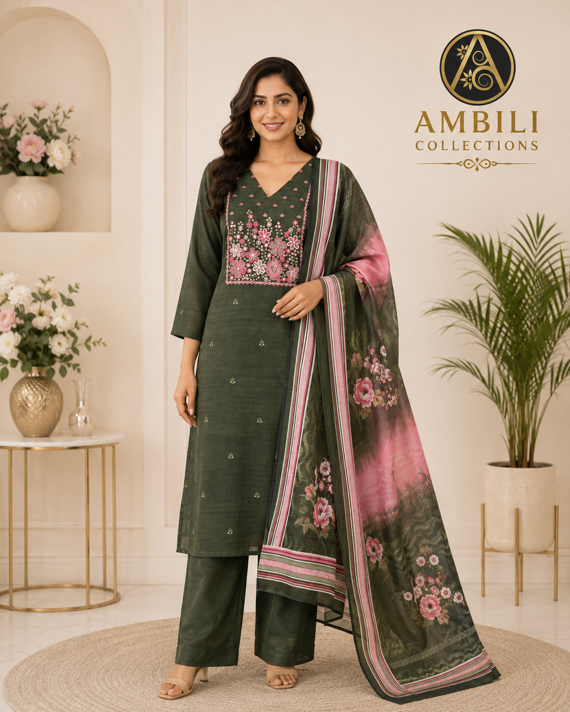 Kurta set with dupatta (Olive Green Floral Kurta Set with Dupatta)