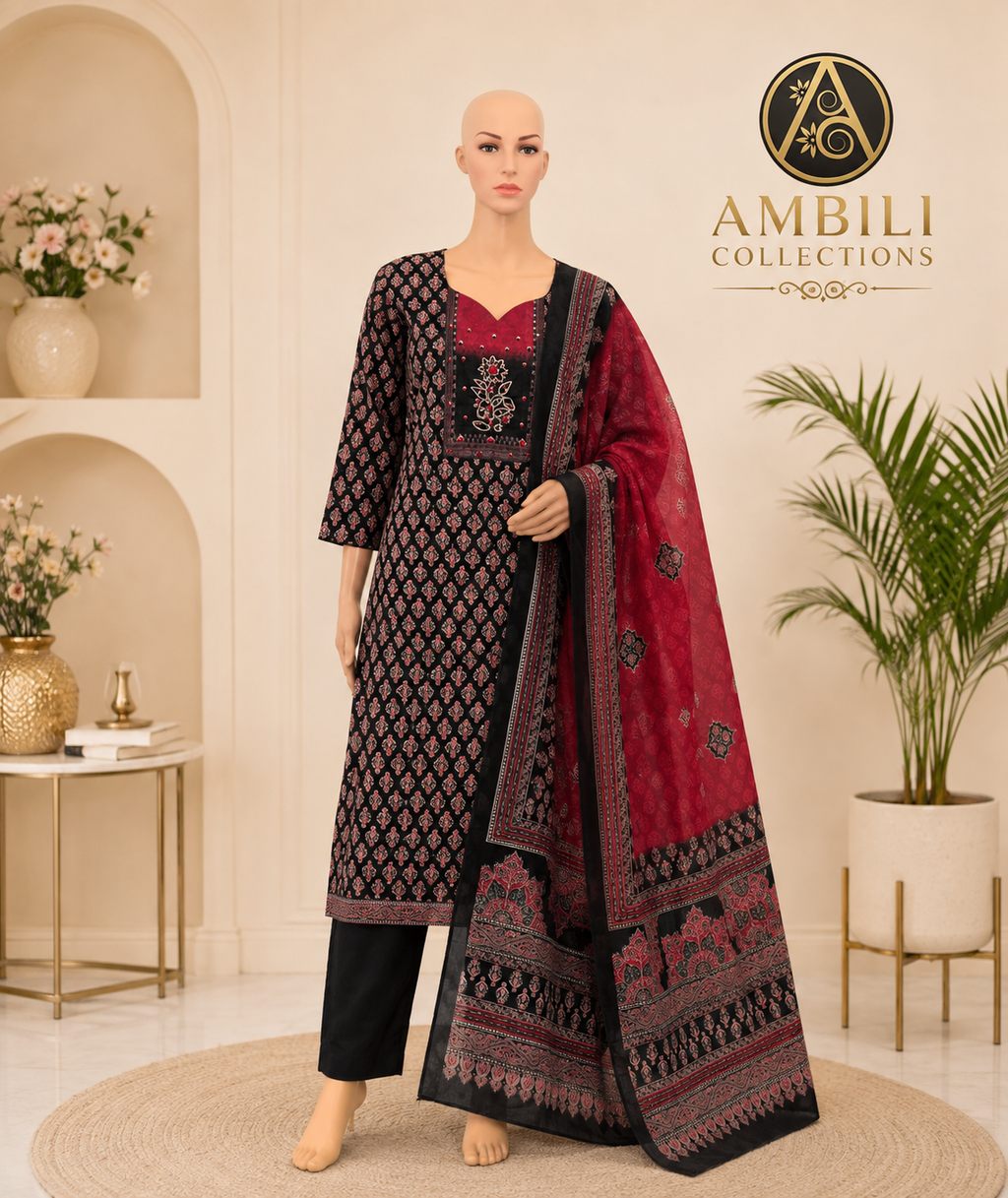 Kurta set with Dupatta (Black & Maroon Printed Kurta Set with Dupatta)
