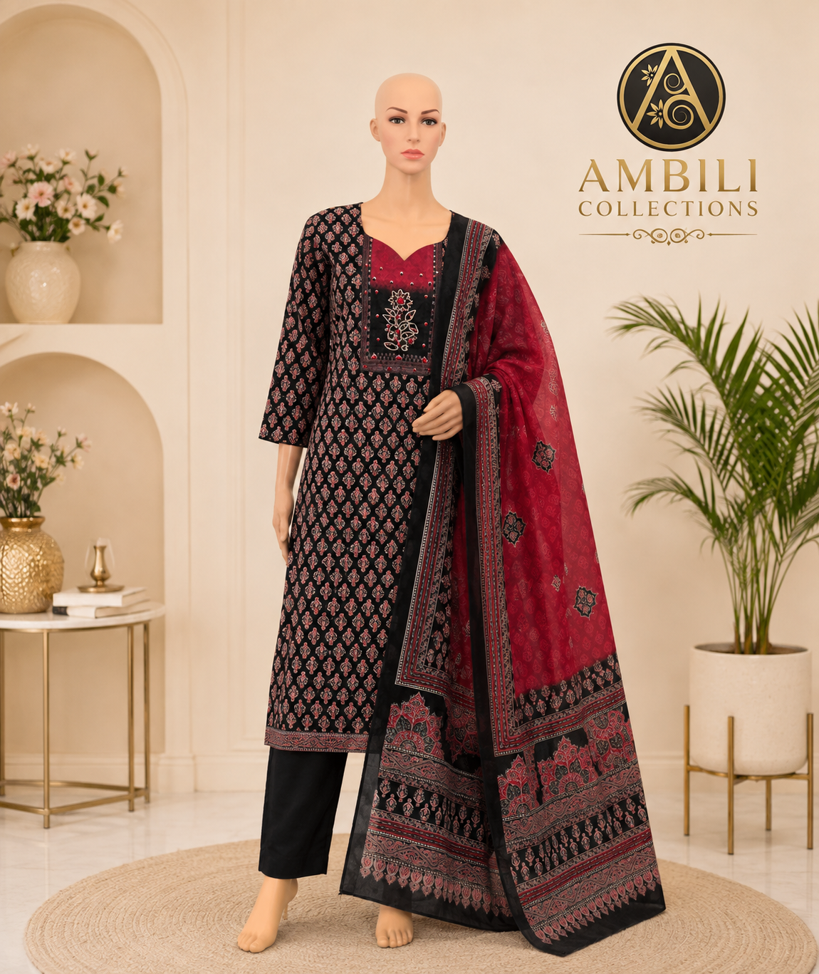 Kurta set with Dupatta (Black & Maroon Printed Kurta Set with Dupatta)