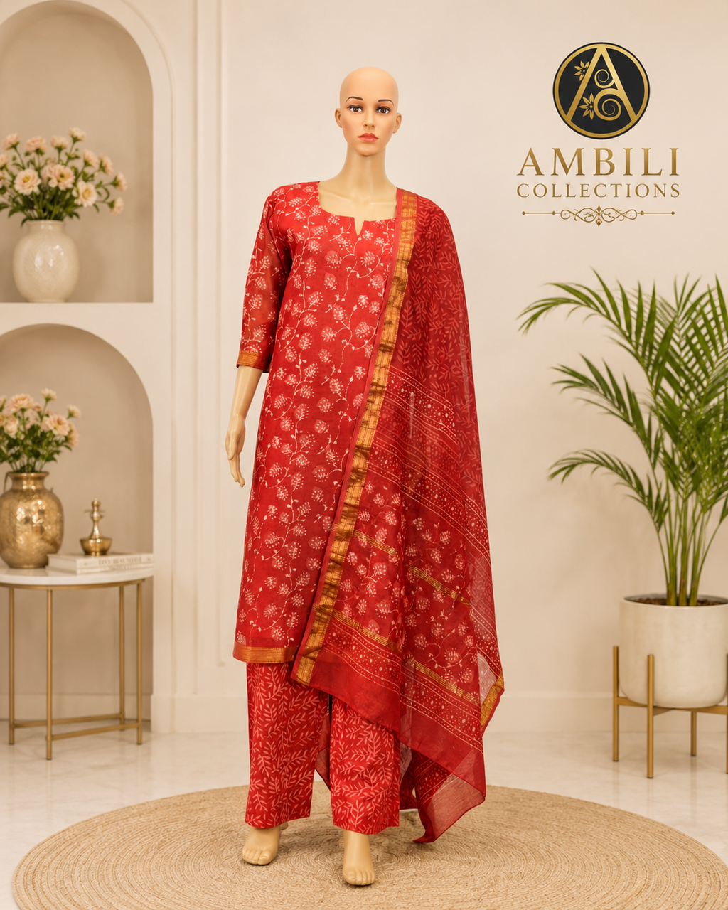 Kurta set with Dupatta (Red Printed Kurta Set with Dupatta)