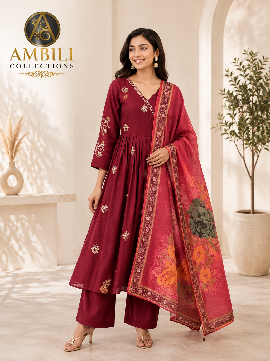 Kurta set with Dupatta(Maroon Embroidered Kurta Set with Dupatta)