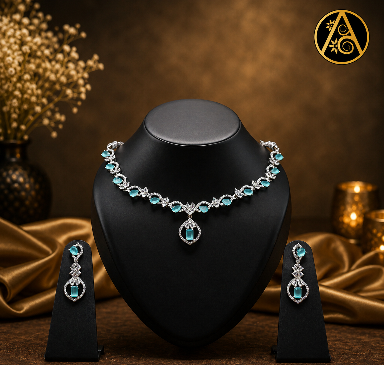 Imitation Jewelry(Elegant Aqua Crystal Necklace Set – Premium Imitation Jewelry)