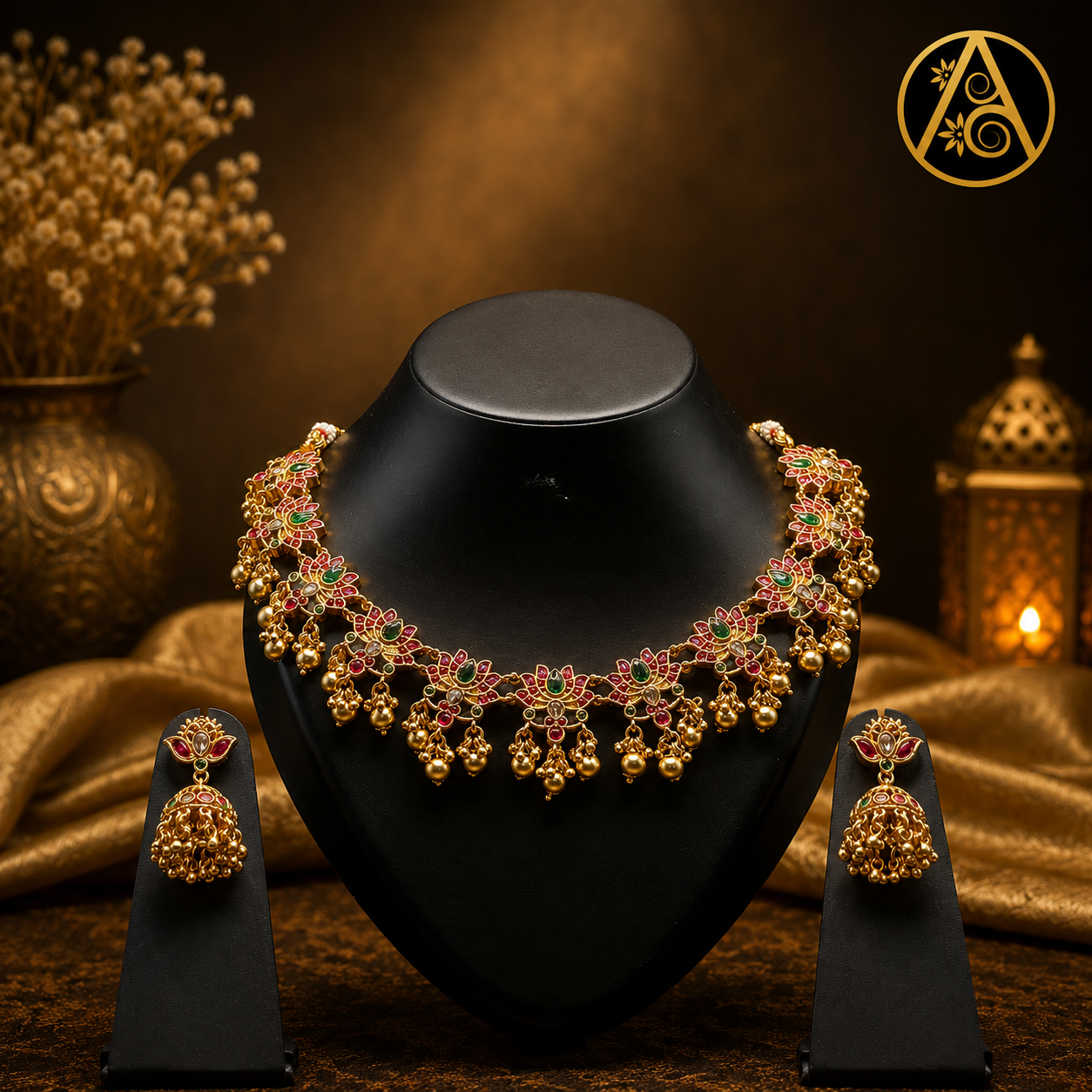 Imitation Jewelry (Traditional Floral Temple Necklace Set – Premium Imitation Jewelry)