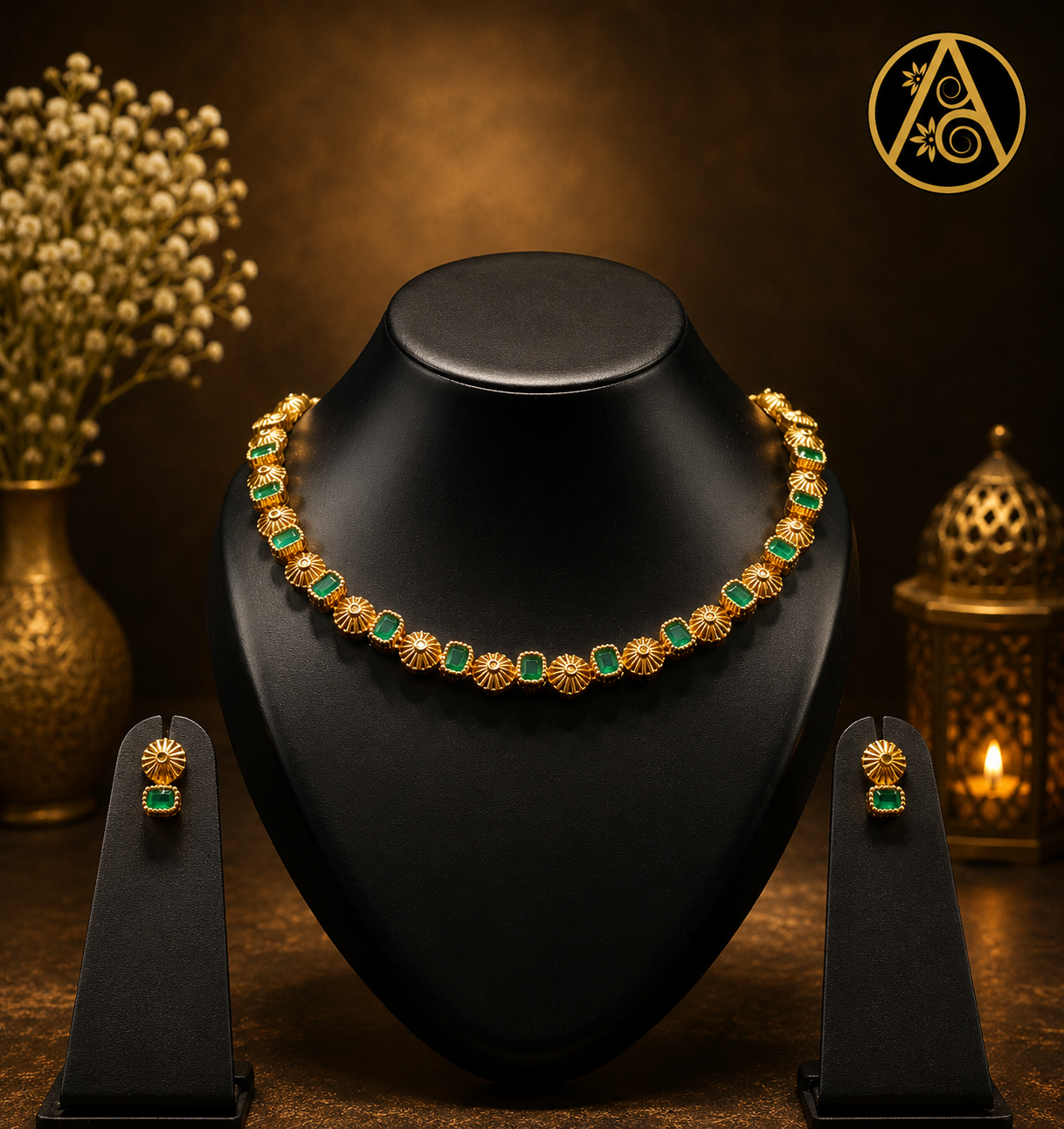 Imitation Jewelry (Elegant Emerald Station Necklace Set )