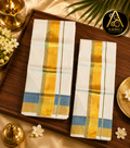 Kerala Set Mundu (Kerala Traditional Kasavu Set Mundu with Blue Border)
