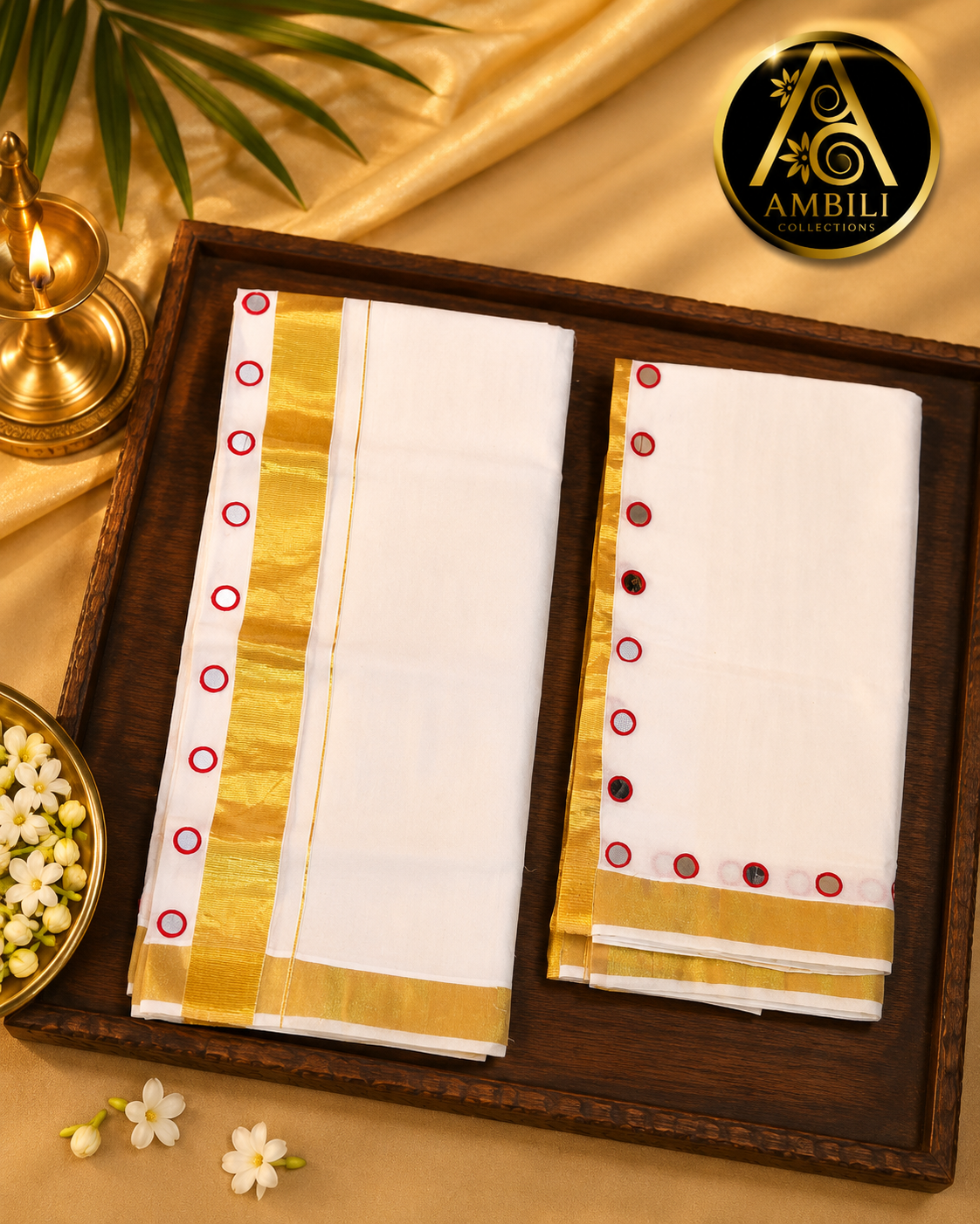 Kerala Set Mundu (Kerala Traditional Kasavu Set Mundu with Red Circular Mirror embroidey  Design)