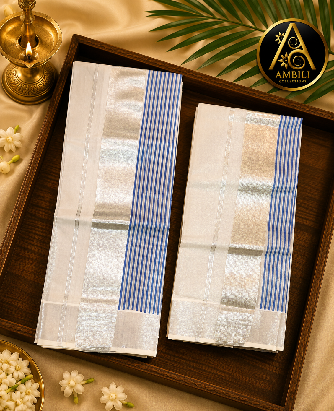 Kerala Set Mundu (Kerala Traditional Kasavu Set Mundu with Blue Stripe Border)