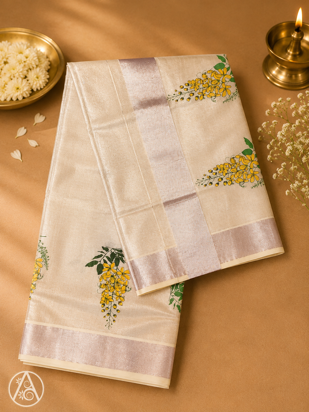 Kerala Saree(Premium Kerala Tissue Kasavu Saree with Golden Shower (Konna) Floral Print)