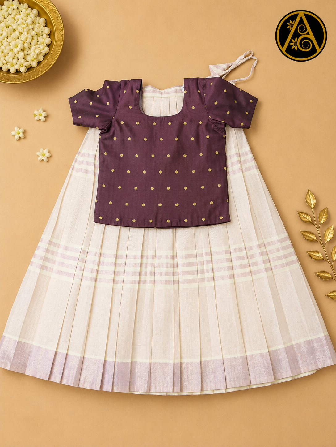 Kids Pattu Pavadai(Premium Kerala Kasavu Pattu Pavadai Set for Girls – Elegant Maroon Festive Collection)