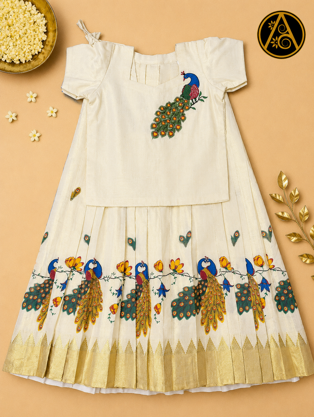 Kids Pattu Pavadai (Premium Kerala Kasavu Pattu Pavadai Set for Girls – Peacock Heritage Collection)