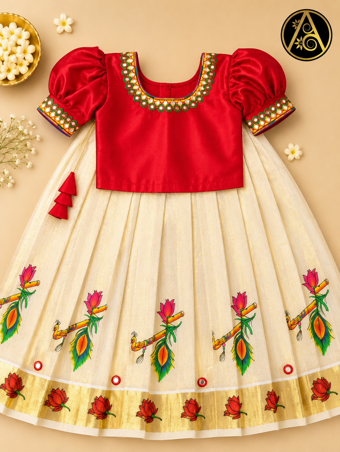 Kids Pattu Pavadai (Premium Kerala Kasavu Pattu Pavadai Set for Girls – Krishna Flute Collection)