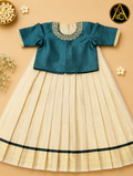 Kids Pattu Pavadai(Premium Kerala Kasavu Pattu Pavadai Set for Girls – Teal Elegance Collection)