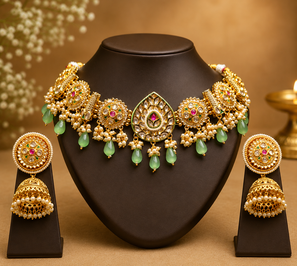 Imitation Jewelry(Royal Mint Green Premium Plated Choker Necklace Set)