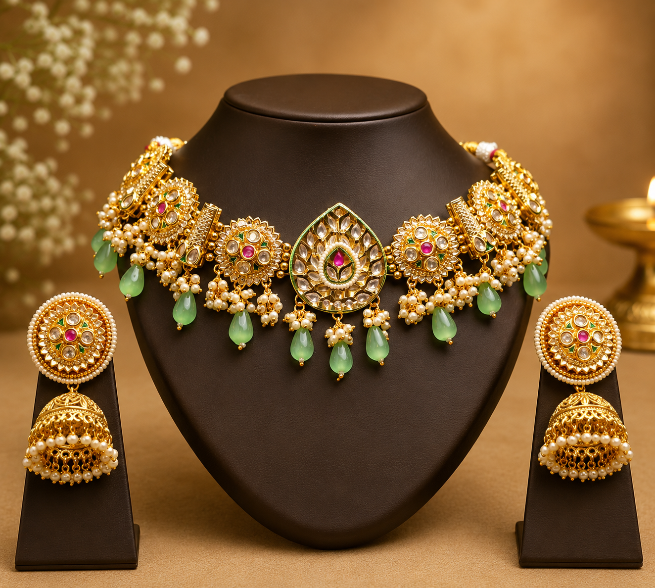 Imitation Jewelry(Royal Mint Green Premium Plated Choker Necklace Set)