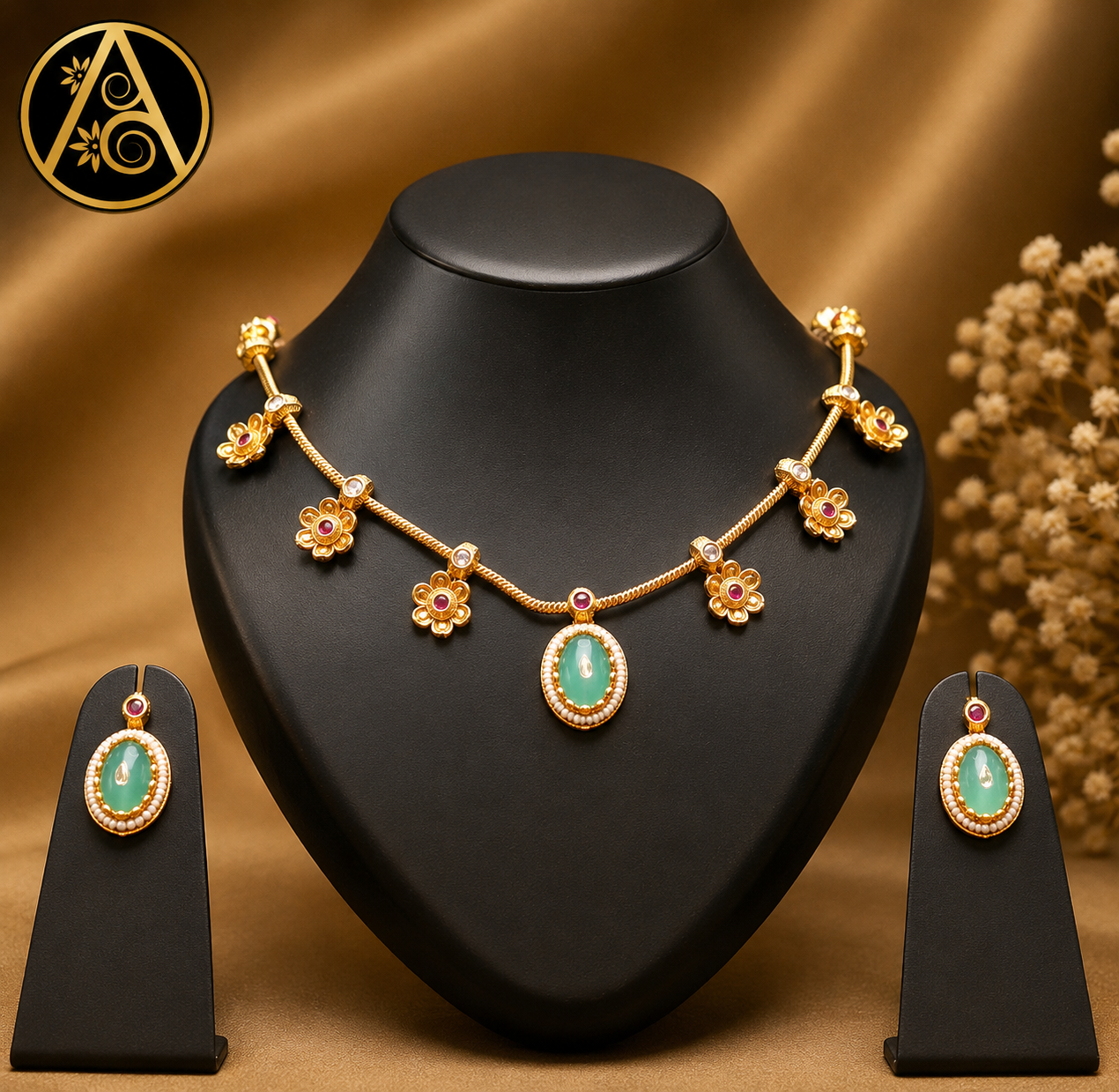 Imitation Jewelry (Floral Mint Green Necklace Set with Stud Earrings)