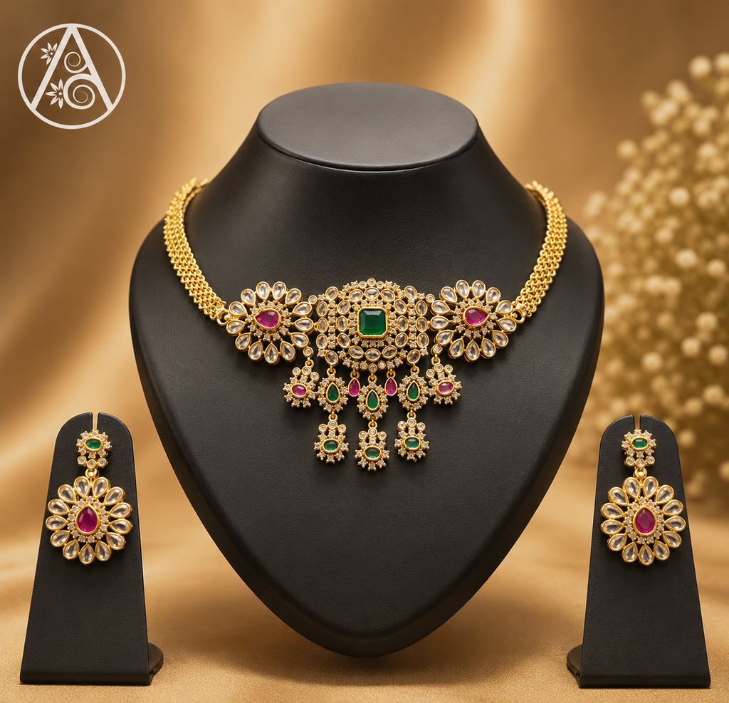 Imitation jewelry(Royal Kundan Premium Statement Necklace Set with Designer Earrings)