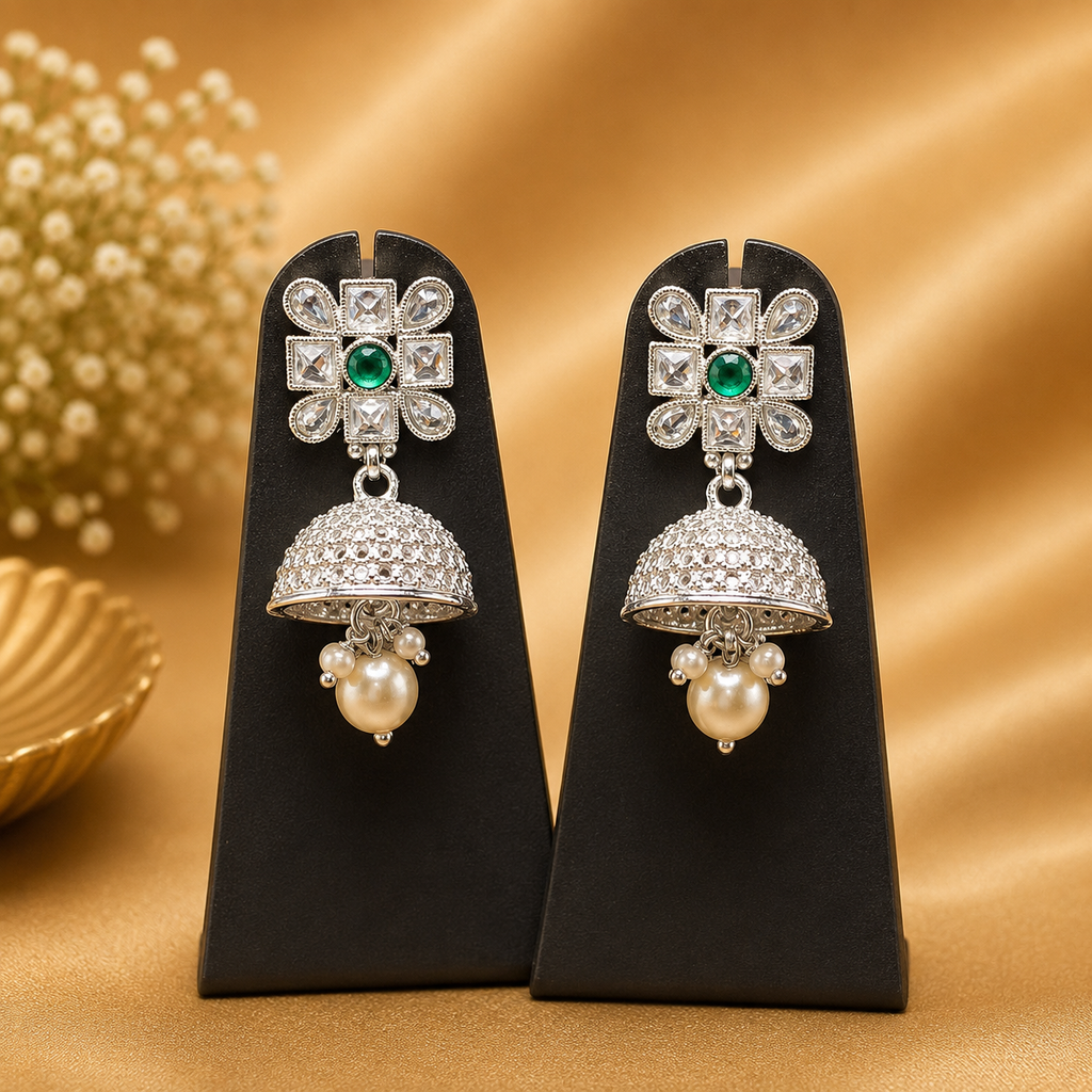 Imitation Jewelry(Premium Silver color Emerald Floral Kundan Necklace Set with Jhumka Earrings)
