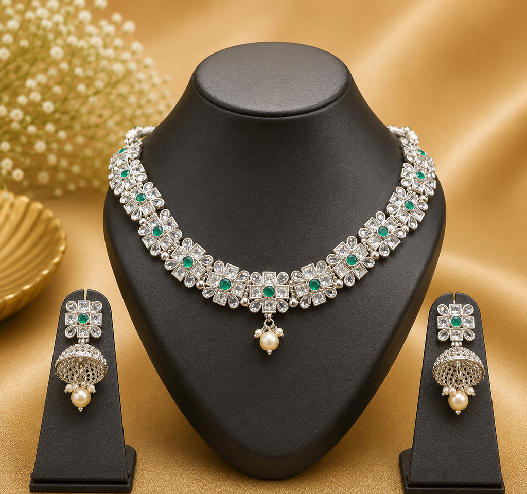 Imitation Jewelry(Premium Silver color Emerald Floral Kundan Necklace Set with Jhumka Earrings)