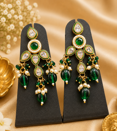 Imitation Jewelry(Premium Emerald Green Kundan Choker Necklace Set with Designer Earrings)