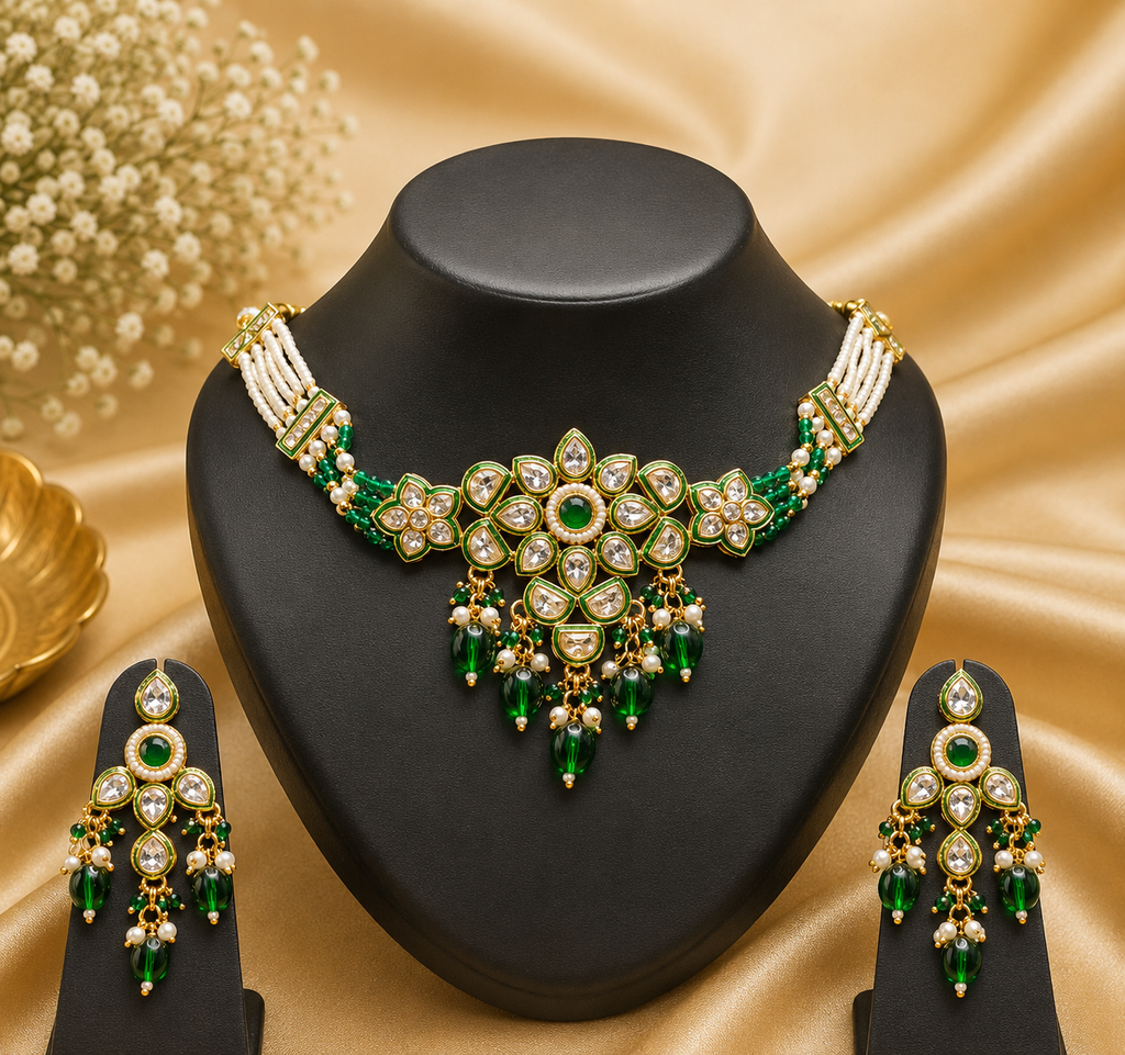 Imitation Jewelry(Premium Emerald Green Kundan Choker Necklace Set with Designer Earrings)