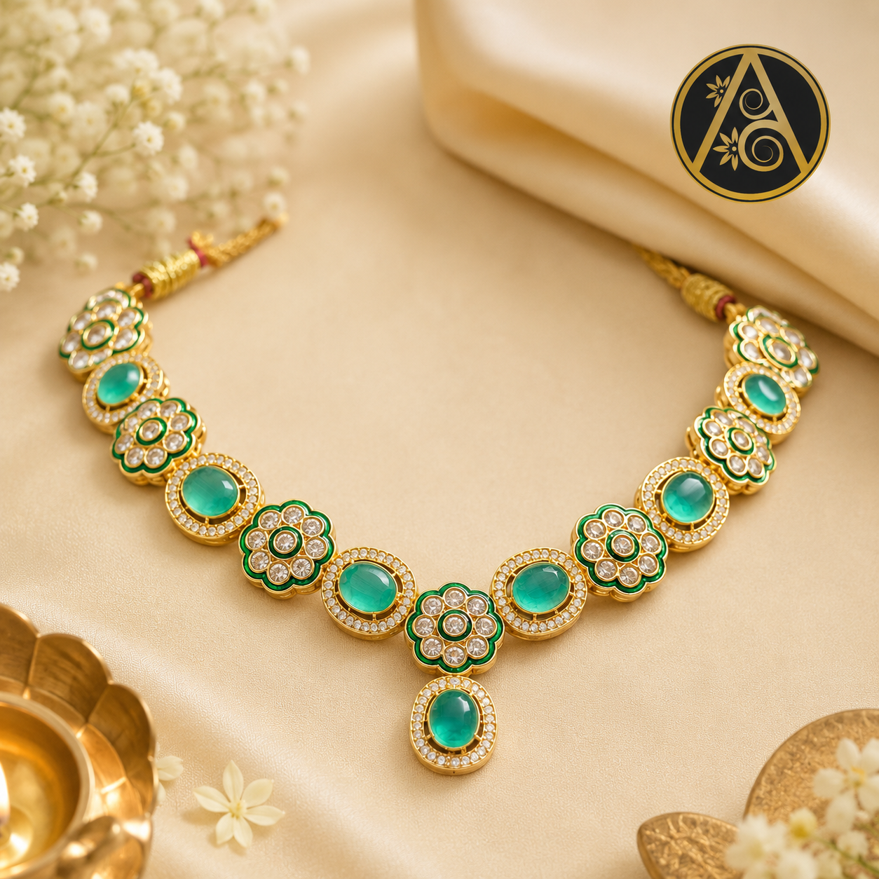 Imitation Jewelry(Premium Emerald Green Floral Necklace | Designer Imitation Jewelry)
