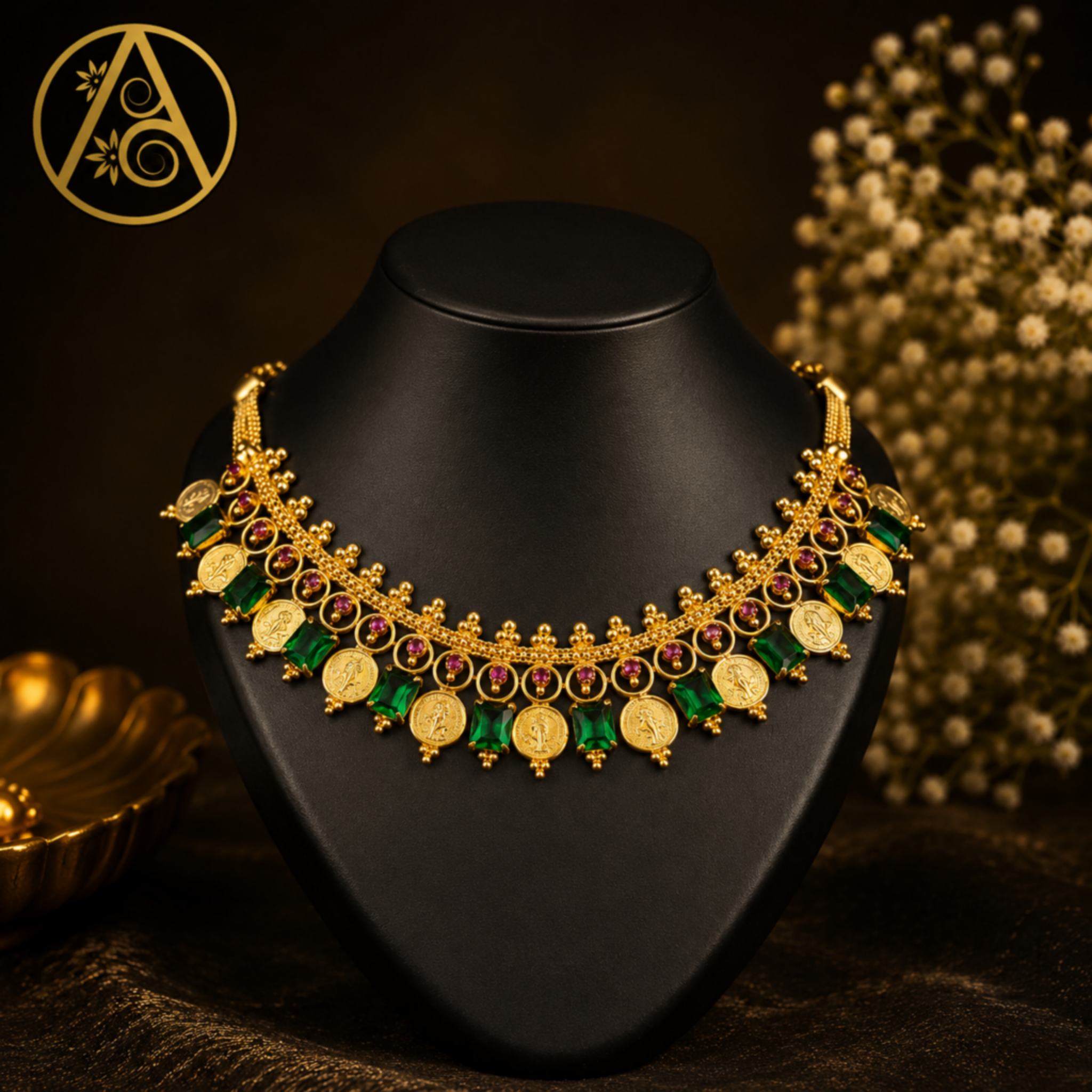 Premium Plated Jewelry (Premium-plated temple coin choker necklace with emerald and ruby stones)