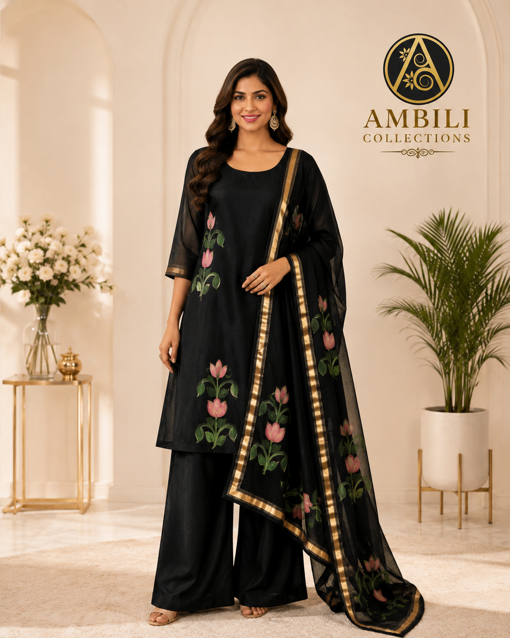 Kurta set with dupatta (Black Floral Kurta Set with Dupatta)