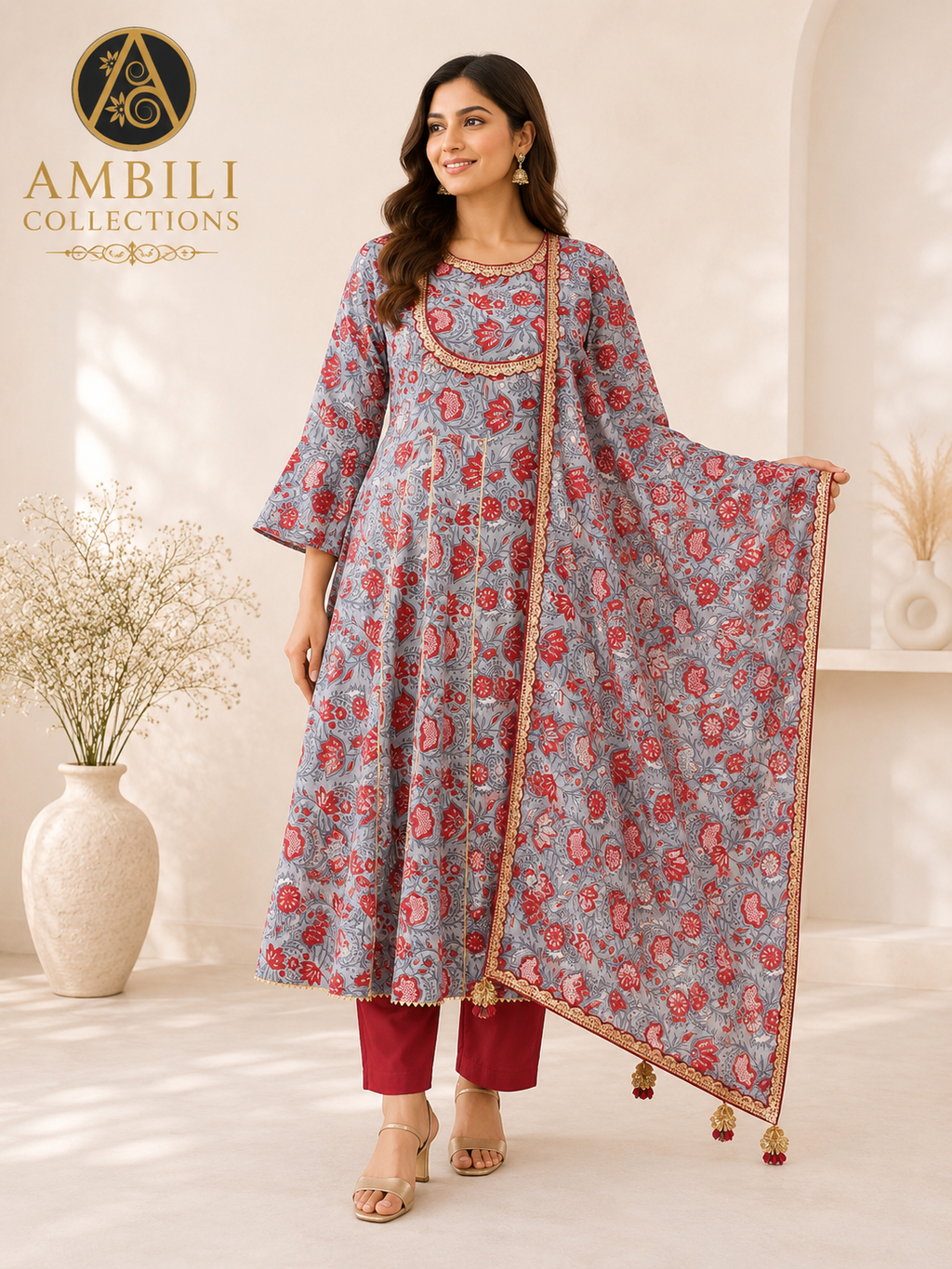 Kurta set with Dupatta (Grey & Maroon Printed Kurta Set with Dupatta)