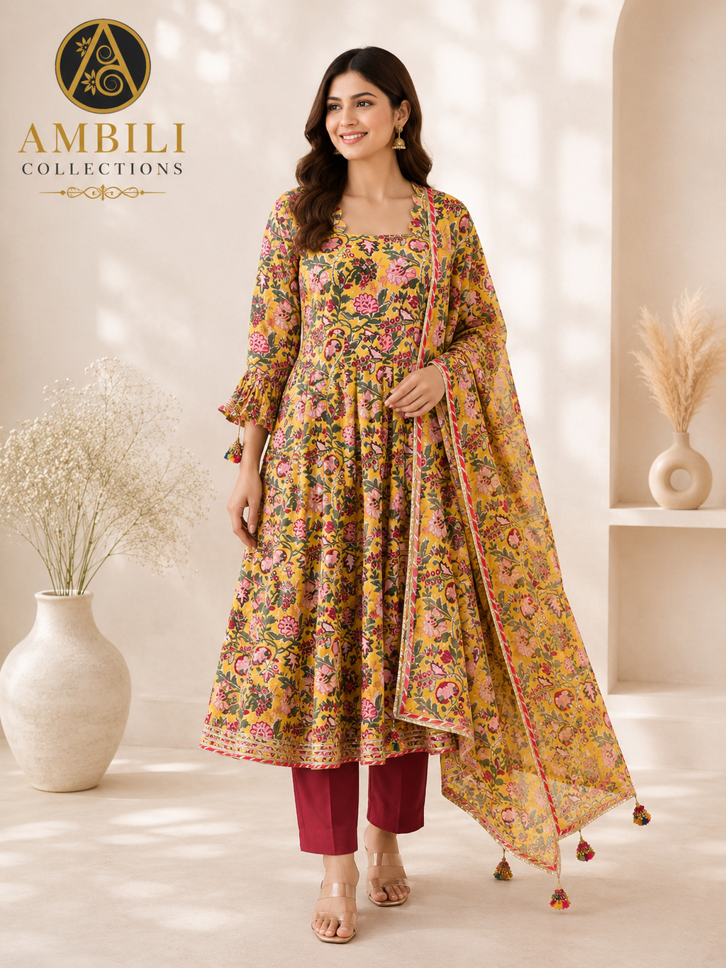 Kurta set with Dupatta (Yellow Floral Printed Kurta Set with Dupatta)