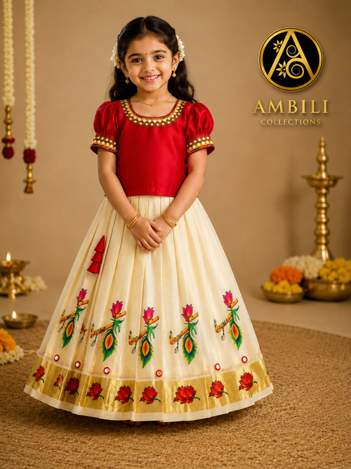 Kids Pattu Pavadai (Premium Kerala Kasavu Pattu Pavadai Set for Girls – Krishna Flute Collection)