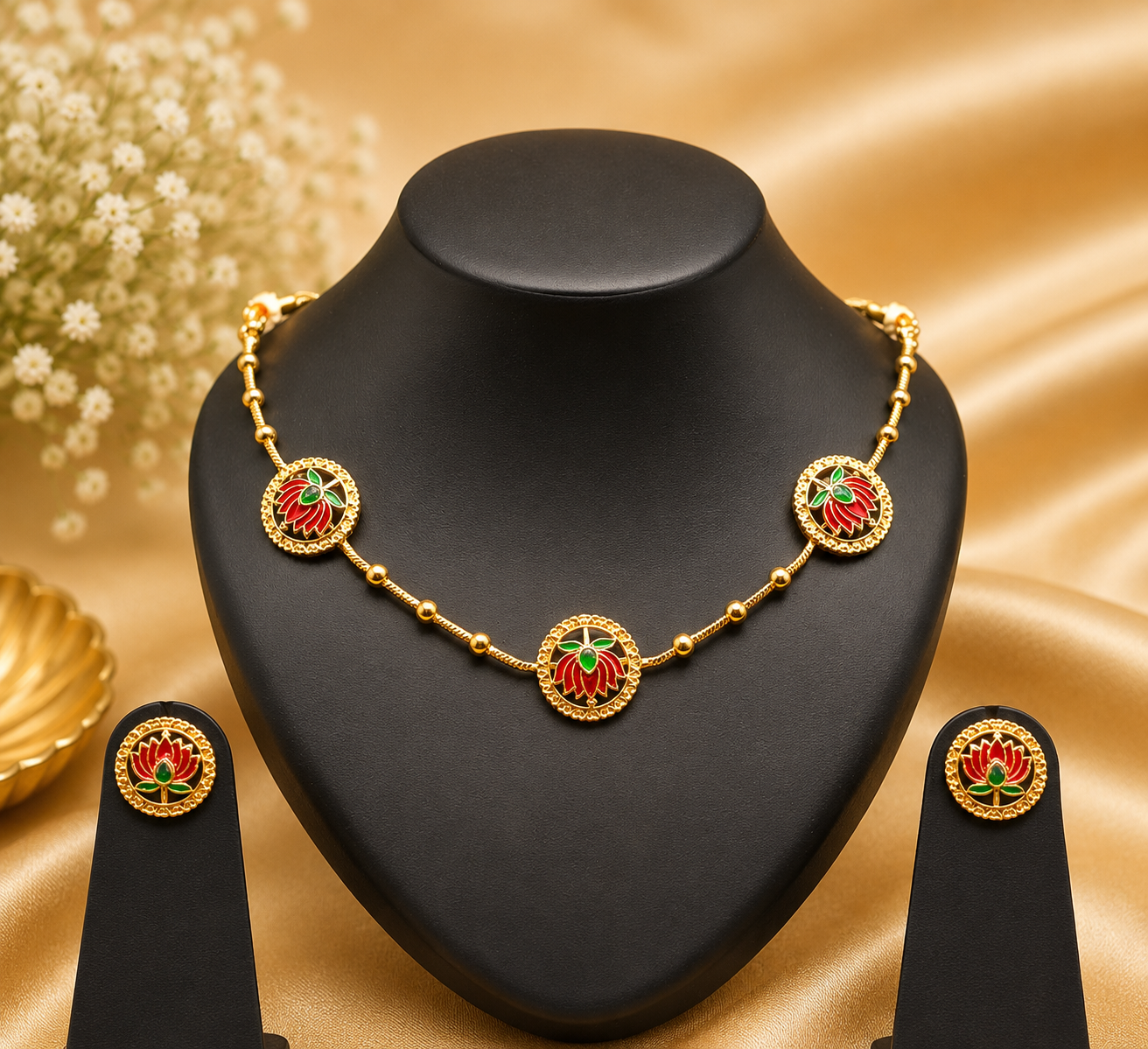 Imitation Jewelry (Lotus Motif Necklace Set with Stud Earrings)