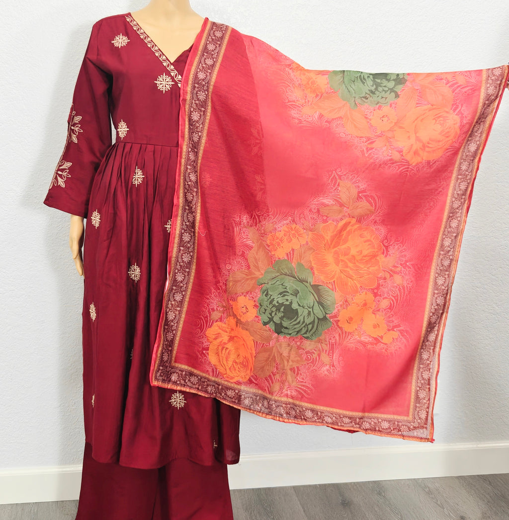 Kurta set with Dupatta(Maroon Embroidered Kurta Set with Dupatta)