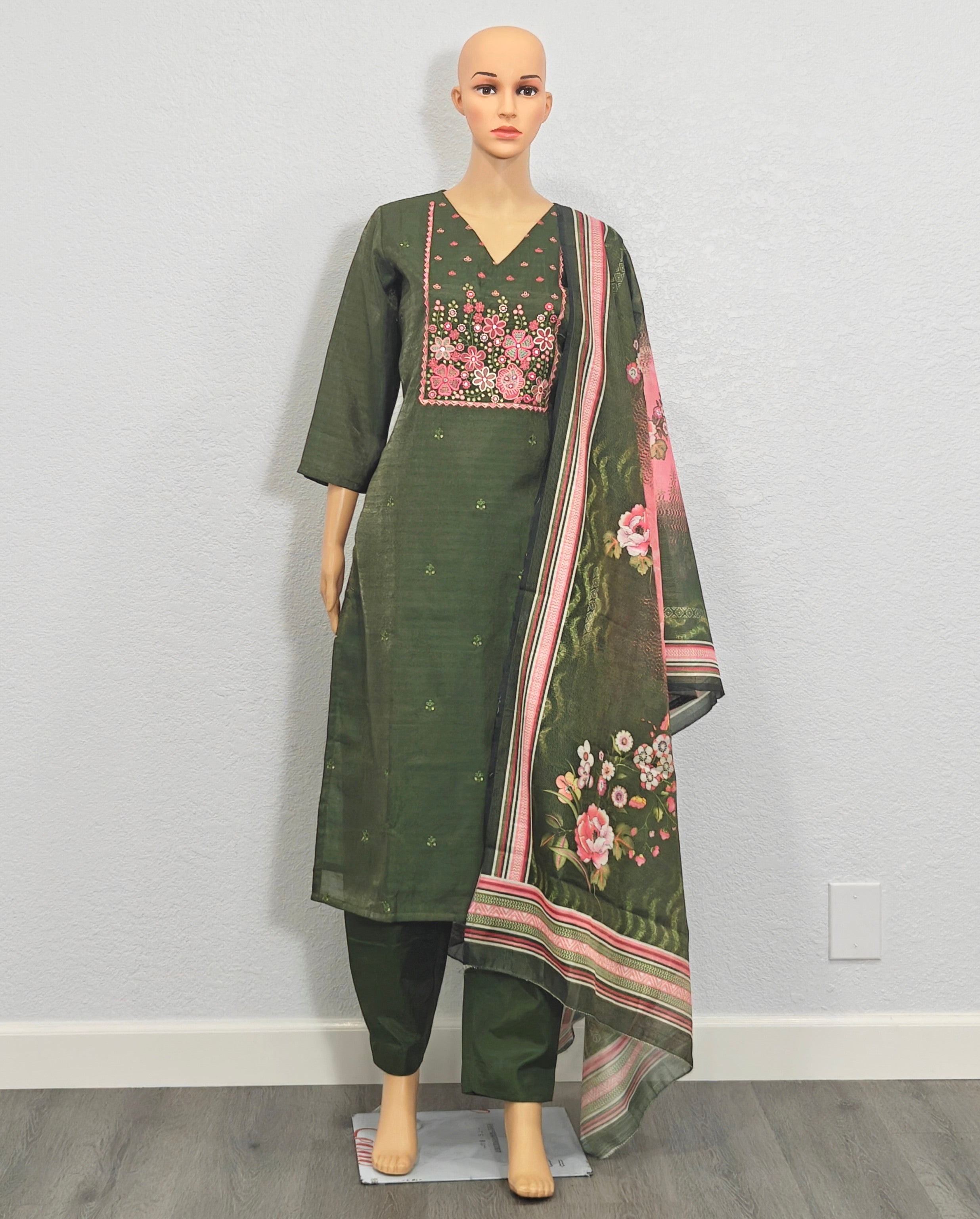 Kurta set with dupatta (Olive Green Floral Kurta Set with Dupatta)