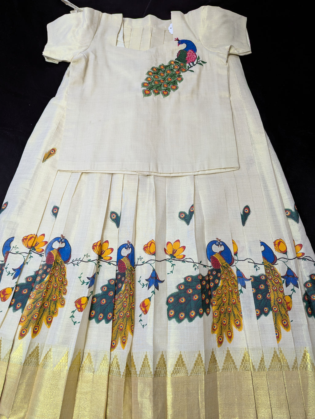 Kids Pattu Pavadai (Premium Kerala Kasavu Pattu Pavadai Set for Girls – Peacock Heritage Collection)