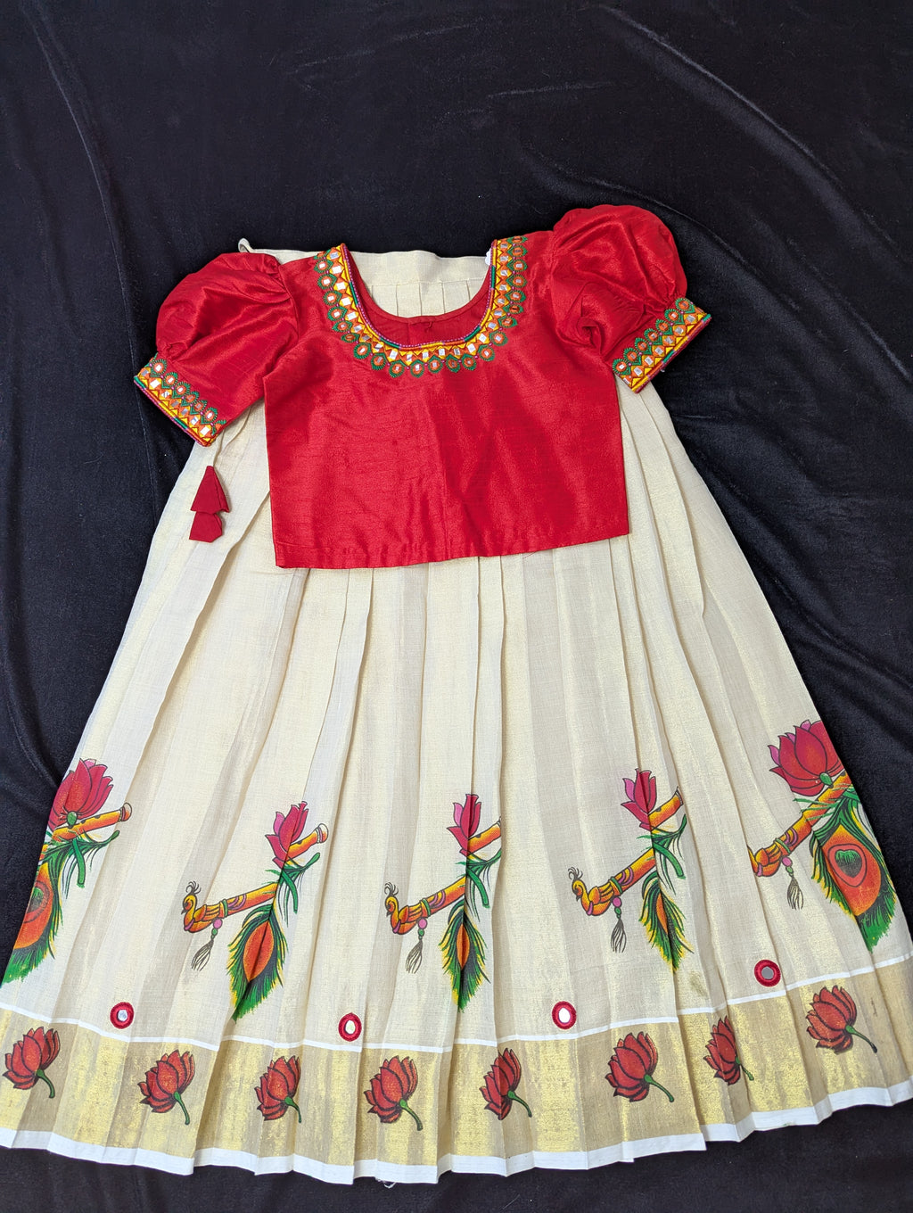 Kids Pattu Pavadai (Premium Kerala Kasavu Pattu Pavadai Set for Girls – Krishna Flute Collection)