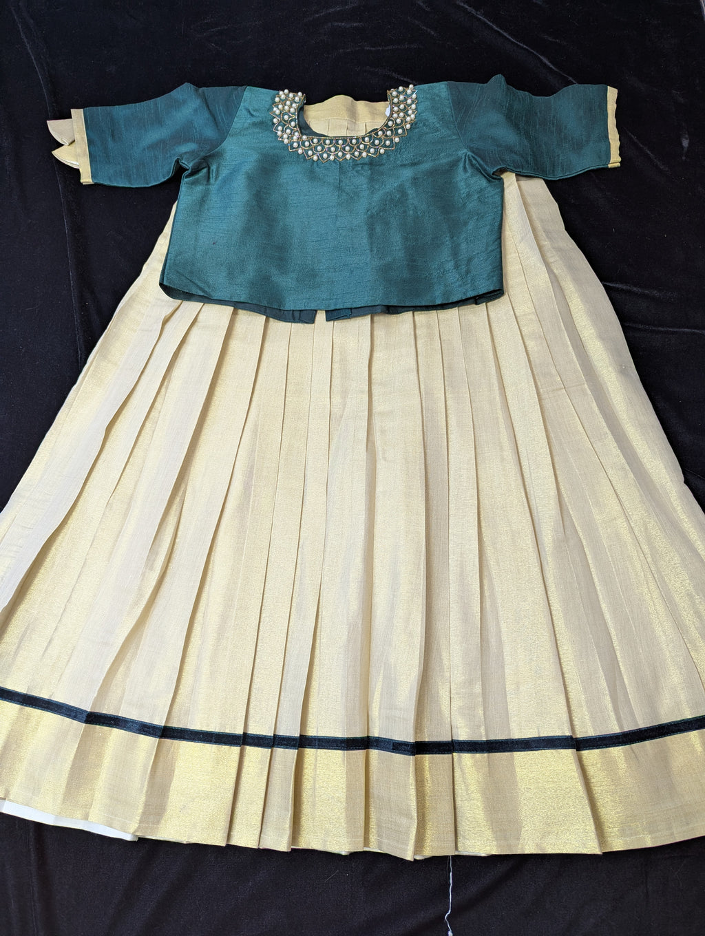 Kids Pattu Pavadai(Premium Kerala Kasavu Pattu Pavadai Set for Girls – Teal Elegance Collection)