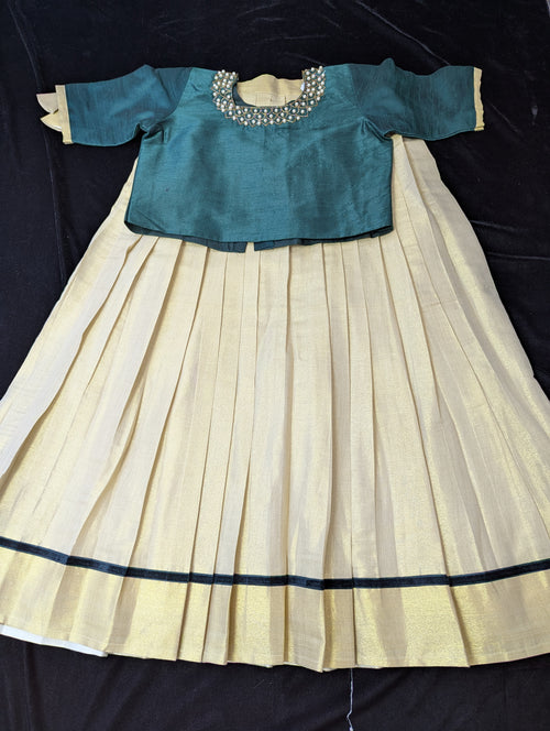 Kids Pattu Pavadai(Premium Kerala Kasavu Pattu Pavadai Set for Girls – Teal Elegance Collection)