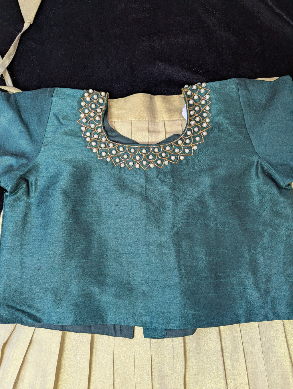 Kids Pattu Pavadai(Premium Kerala Kasavu Pattu Pavadai Set for Girls – Teal Elegance Collection)