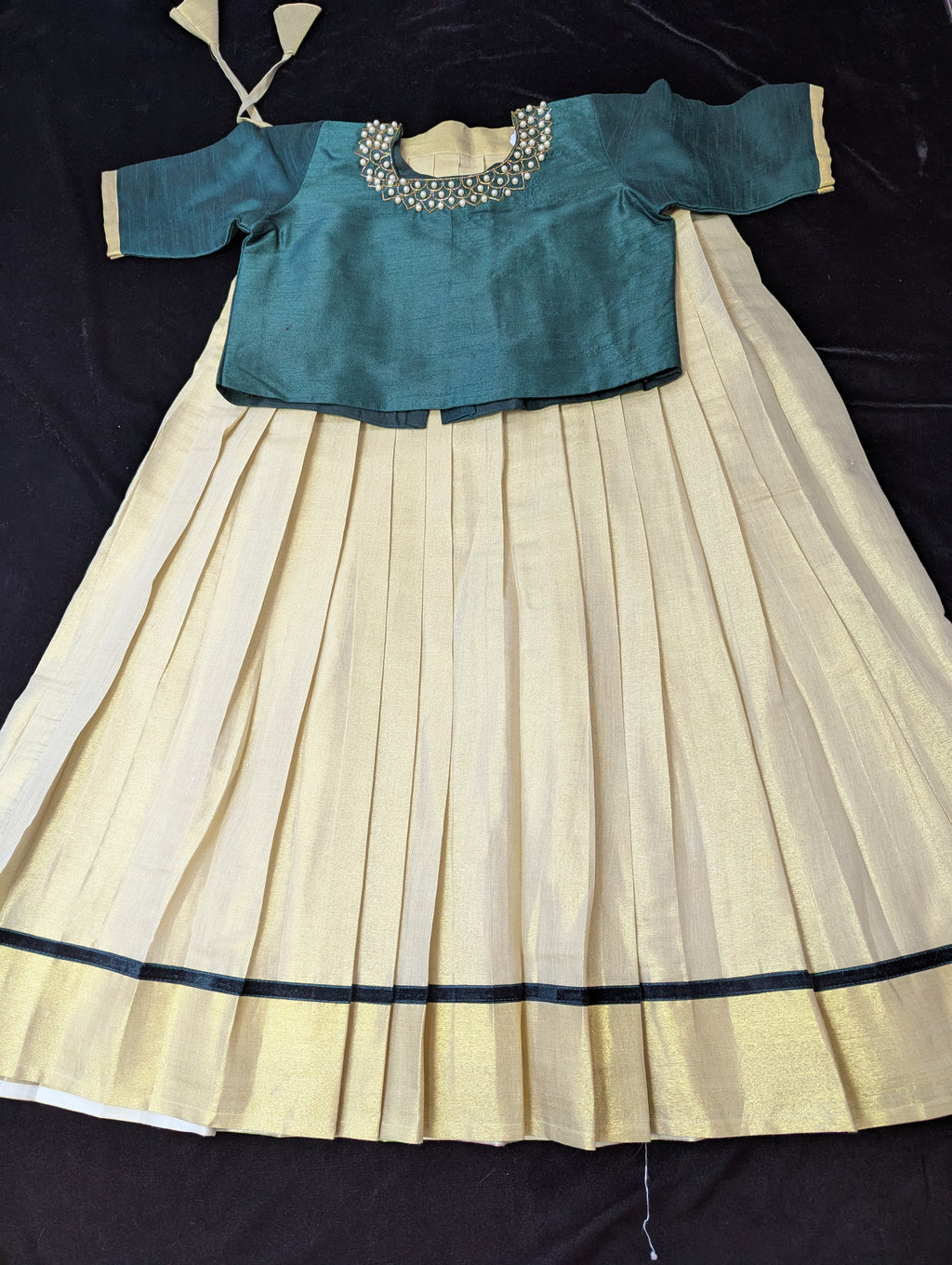 Kids Pattu Pavadai(Premium Kerala Kasavu Pattu Pavadai Set for Girls – Teal Elegance Collection)